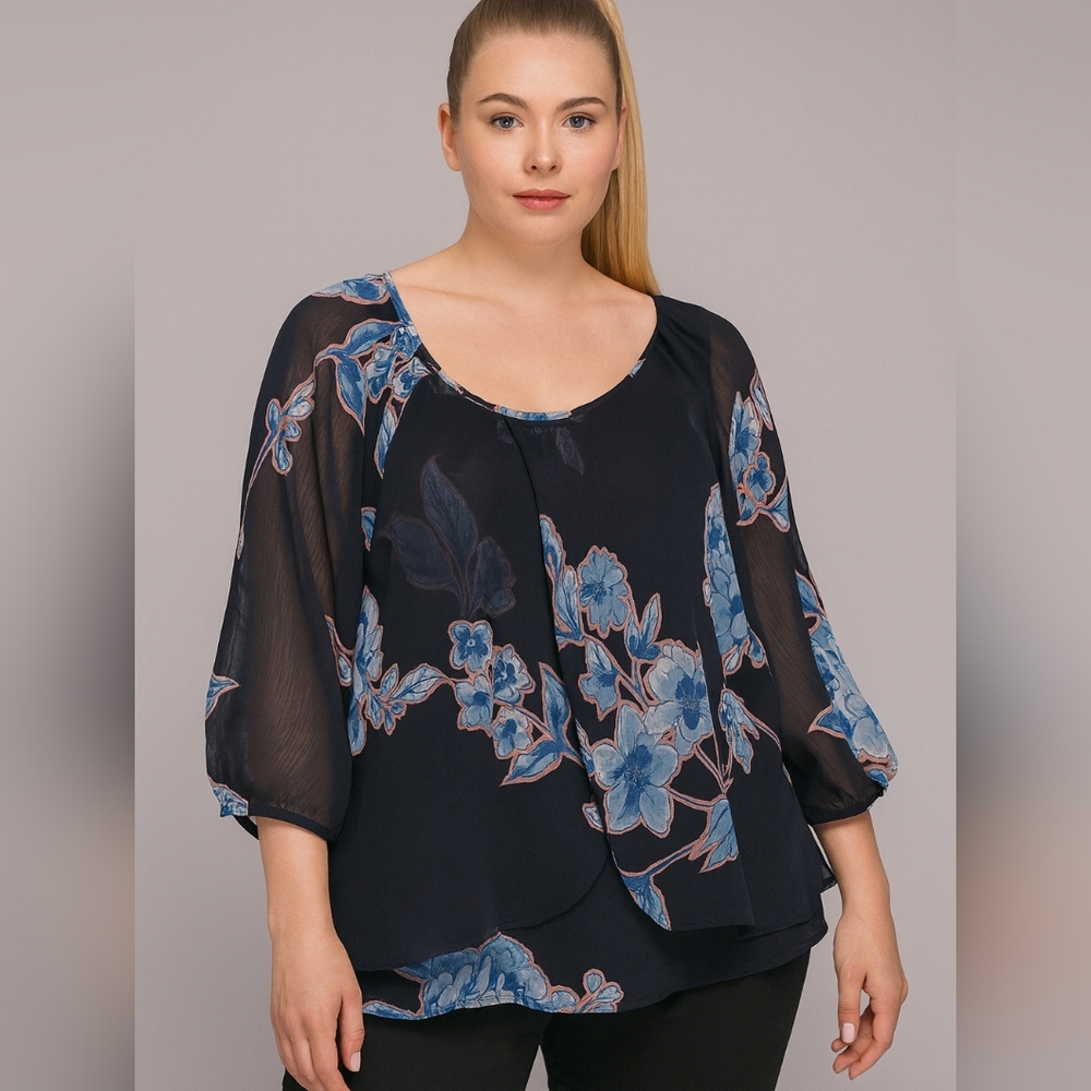TAMARA H. Floral Chiffon layered blouse Sz 2X EUC